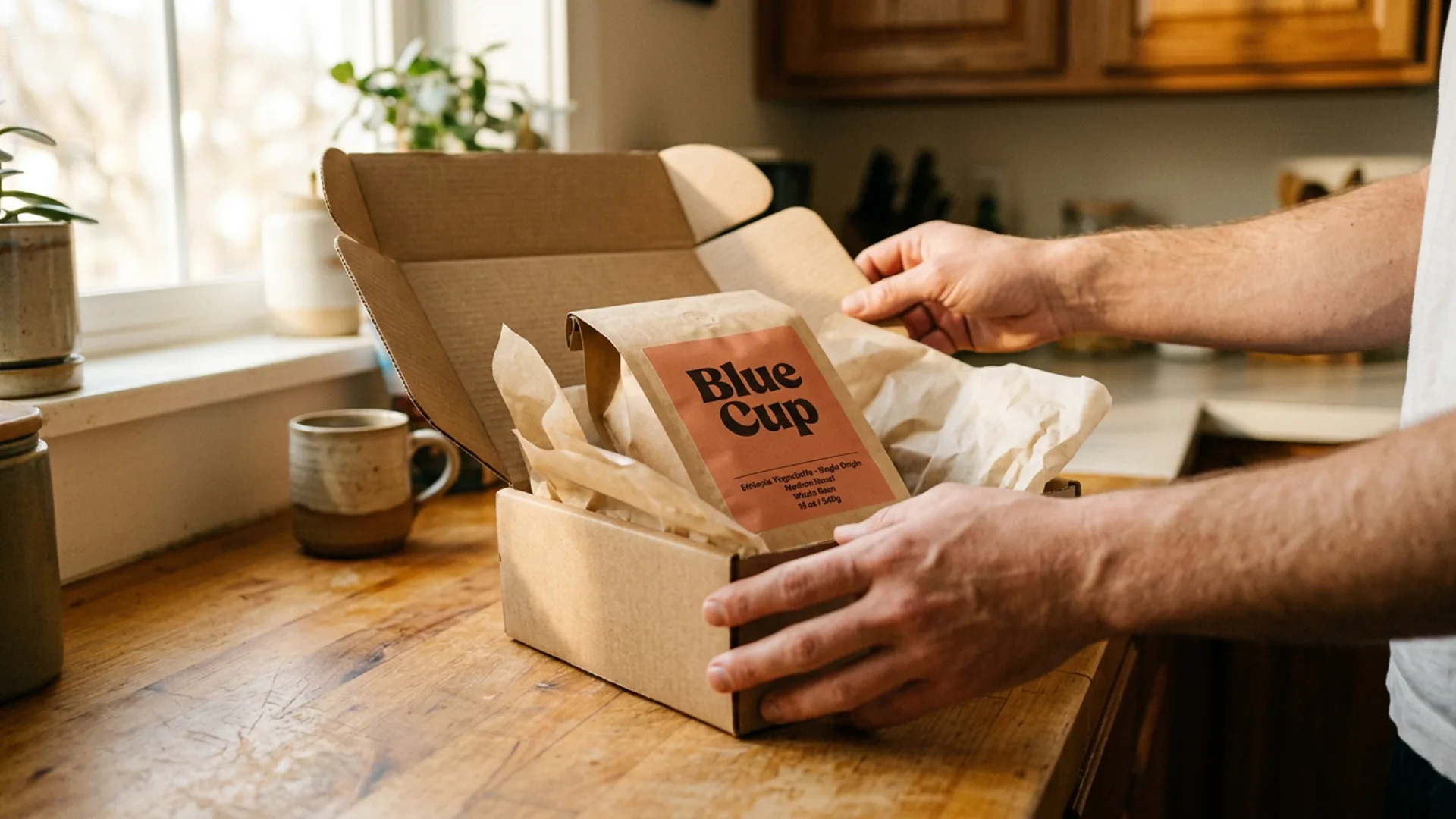 A Blue Cup subscription box open on a kitchen counter, showing a bag of coffee and a printed tasting card